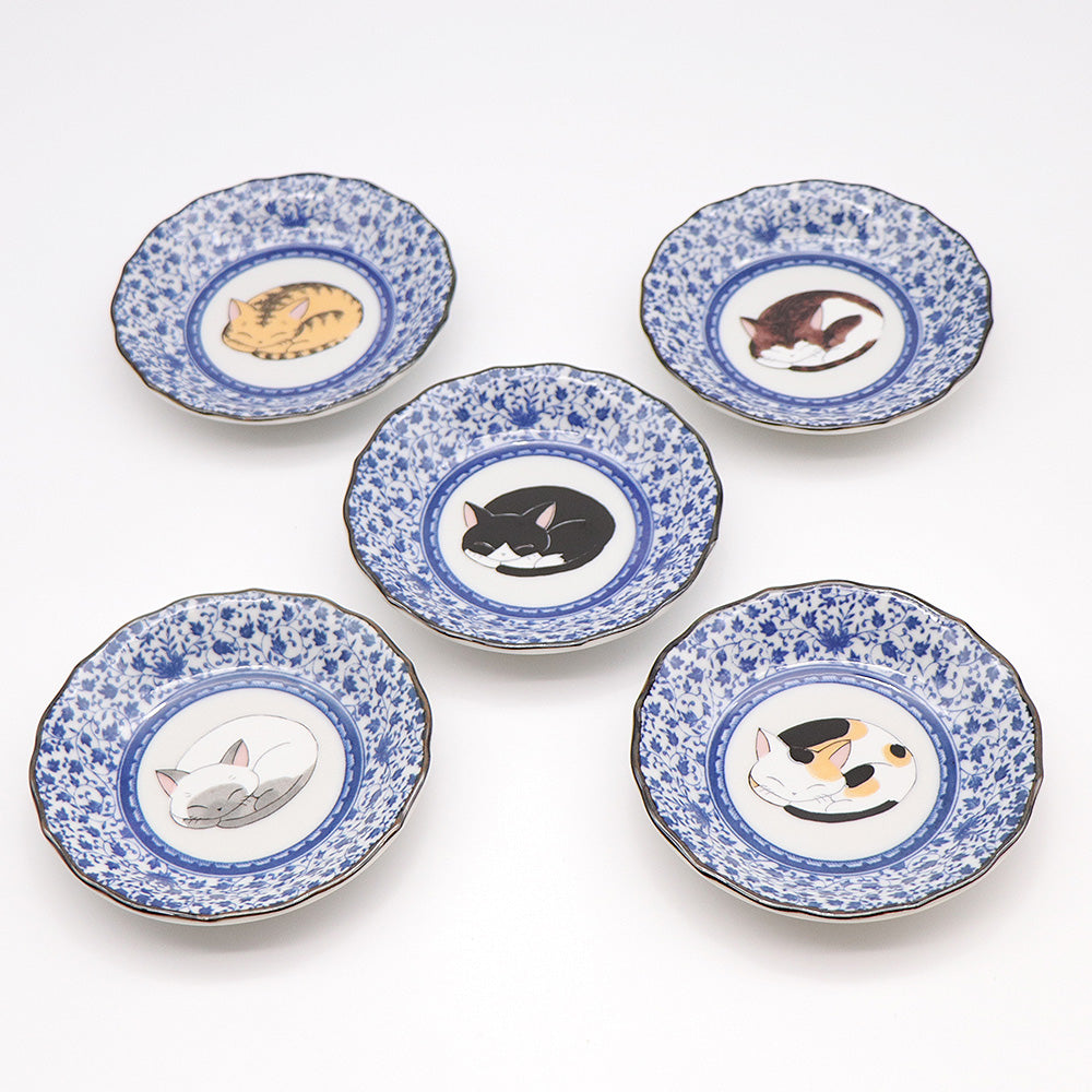 JIN-205003_Kutani Ware Serving Plate 5set (Sleeping Cat, 4.72 x 4.72)-1