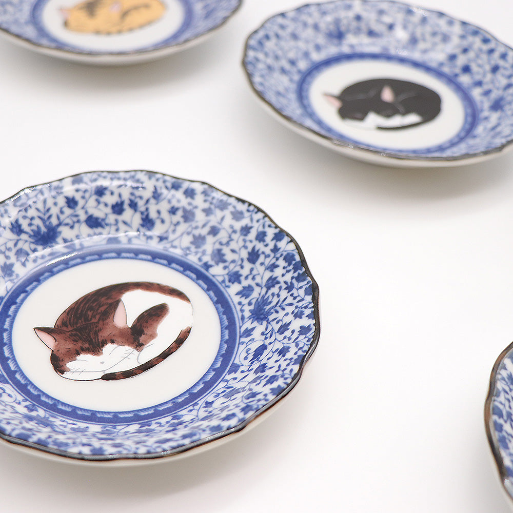 JIN-205003_Kutani Ware Serving Plate 5set (Sleeping Cat, 4.72 x 4.72)-2