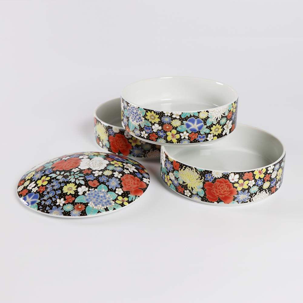 Kutani Ware Three-tier Food Box Black Flower 6.1 × 6.1 × 6.1 in_2